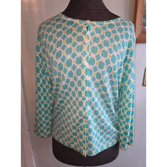 Garnet Hill Womens Button-Up Cardigan Sweater M 100% Merino Wool Aqua & Yellow - Picture 1 of 7